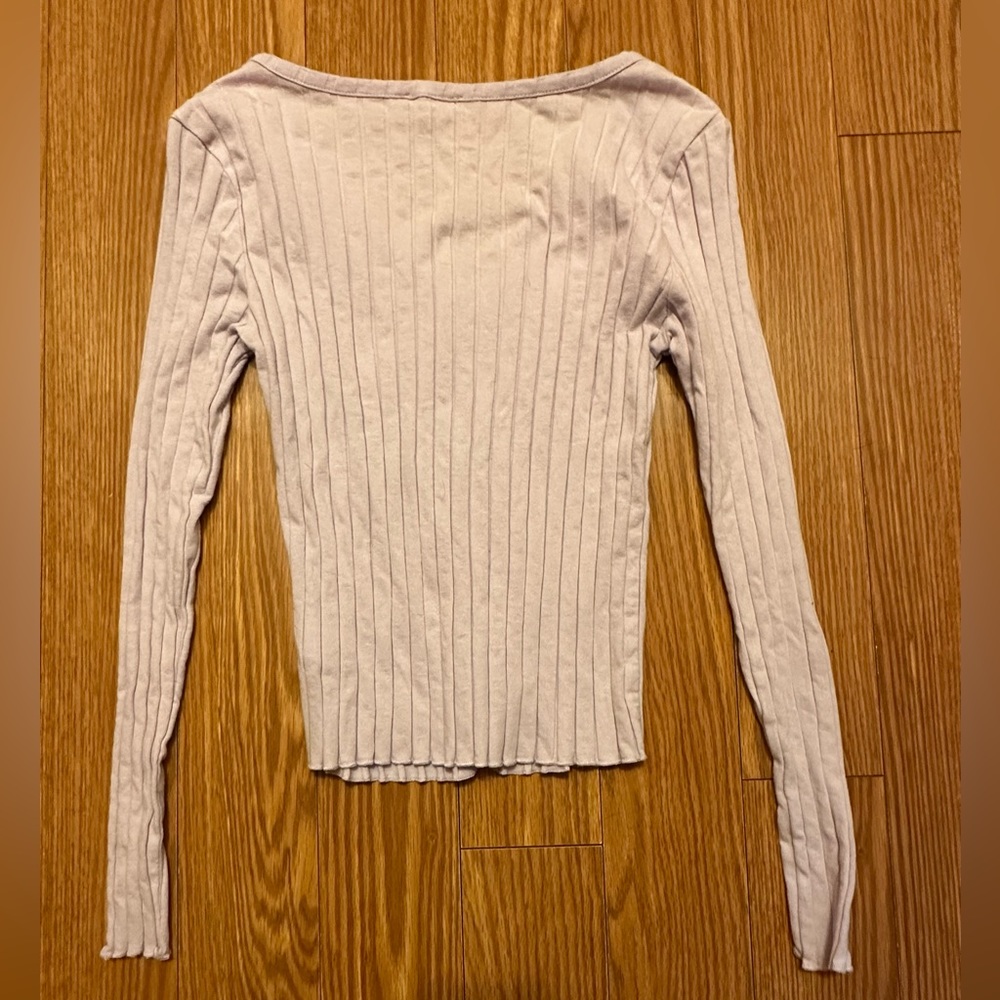 Women's Long Sleeve Ribbed Button-Front Top - Light Lilac - Picture 3 of 4